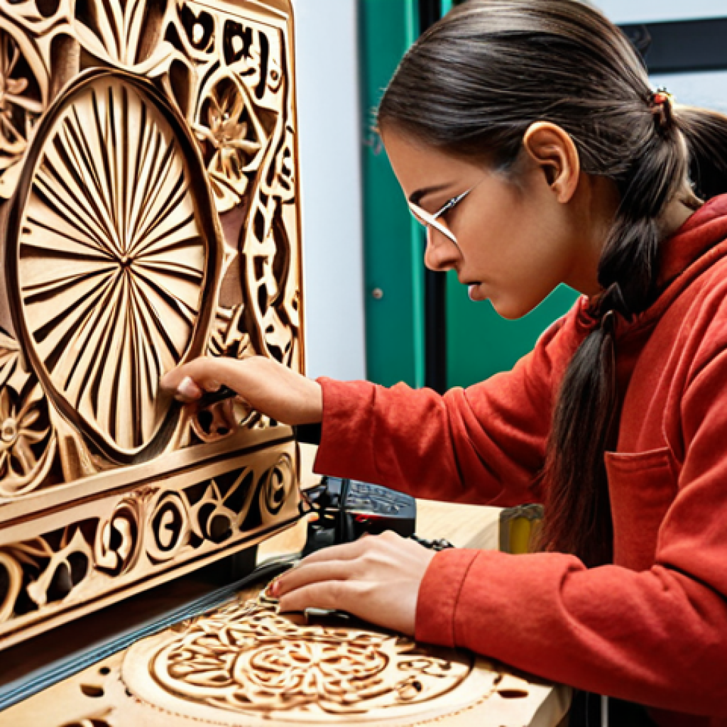 **Image:** A digital craftsman (male or female) working on a traditional wood carving design on a computer. In the background, a laser cutting machine is shown working on a piece of wood. The overall scene conveys the blend of traditional skills and modern digital technology.