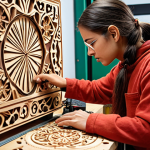 **Image:** A digital craftsman (male or female) working on a traditional wood carving design on a computer. In the background, a laser cutting machine is shown working on a piece of wood. The overall scene conveys the blend of traditional skills and modern digital technology.
