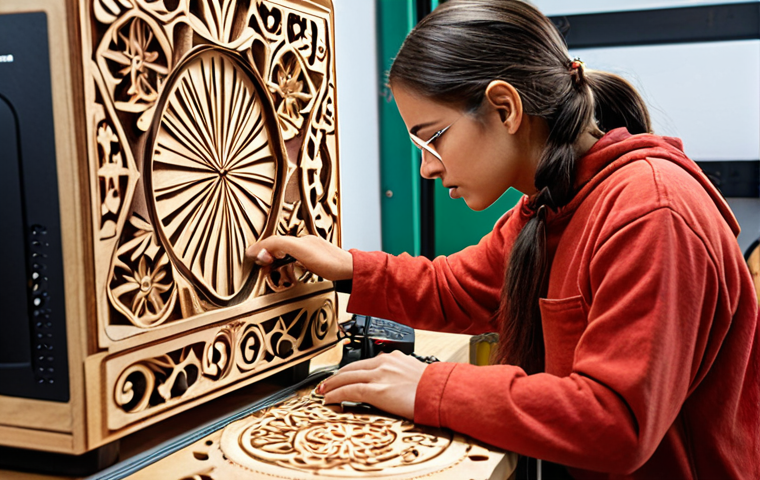 **Image:** A digital craftsman (male or female) working on a traditional wood carving design on a computer. In the background, a laser cutting machine is shown working on a piece of wood. The overall scene conveys the blend of traditional skills and modern digital technology.