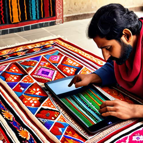 Home 14 **Prompt:** A vibrant digital artwork showcasing a Pakistani artisan using a tablet to design intricate patterns for a traditional rug. The scene blends the traditional craft with modern technology, highlighting the fusion of heritage and innovation. Warm, inviting colors should be used.
