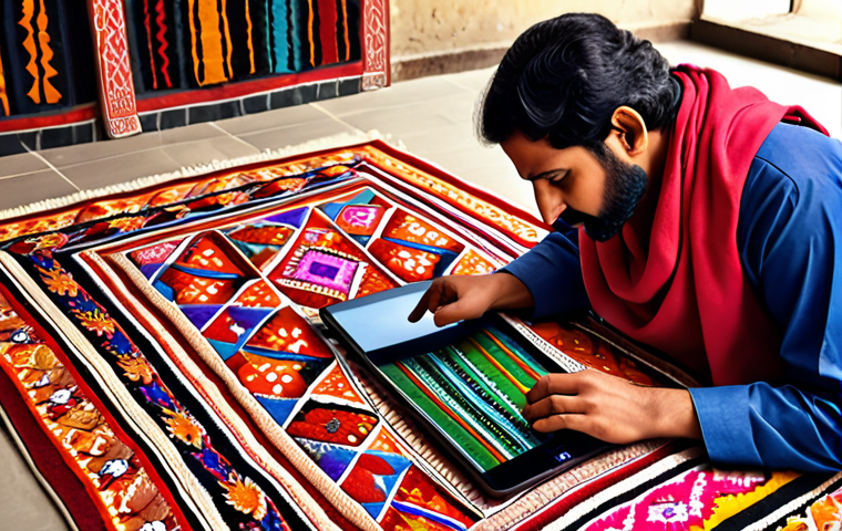 **Prompt:** A vibrant digital artwork showcasing a Pakistani artisan using a tablet to design intricate patterns for a traditional rug. The scene blends the traditional craft with modern technology, highlighting the fusion of heritage and innovation. Warm, inviting colors should be used.