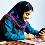 A skilled Pakistani female artisan, fully clothed in a modest, traditional shalwar kameez, meticulously crafting a piece of intricate embroidery. She is looking up from her work, smiling, as her smartphone, displaying a popular short-form video platform with her craft showcased, floats slightly above her work table. The background is a tidy, brightly lit artisan workshop, filled with colorful threads and traditional tools. The scene embodies creativity and digital connectivity, safe for work, appropriate content, fully clothed, professional, perfect anatomy, correct proportions, natural pose, well-formed hands, proper finger count, natural body proportions, professional photography, high quality, studio lighting.