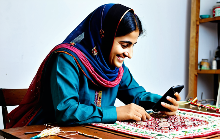 A skilled Pakistani female artisan, fully clothed in a modest, traditional shalwar kameez, meticulously crafting a piece of intricate embroidery. She is looking up from her work, smiling, as her smartphone, displaying a popular short-form video platform with her craft showcased, floats slightly above her work table. The background is a tidy, brightly lit artisan workshop, filled with colorful threads and traditional tools. The scene embodies creativity and digital connectivity, safe for work, appropriate content, fully clothed, professional, perfect anatomy, correct proportions, natural pose, well-formed hands, proper finger count, natural body proportions, professional photography, high quality, studio lighting.