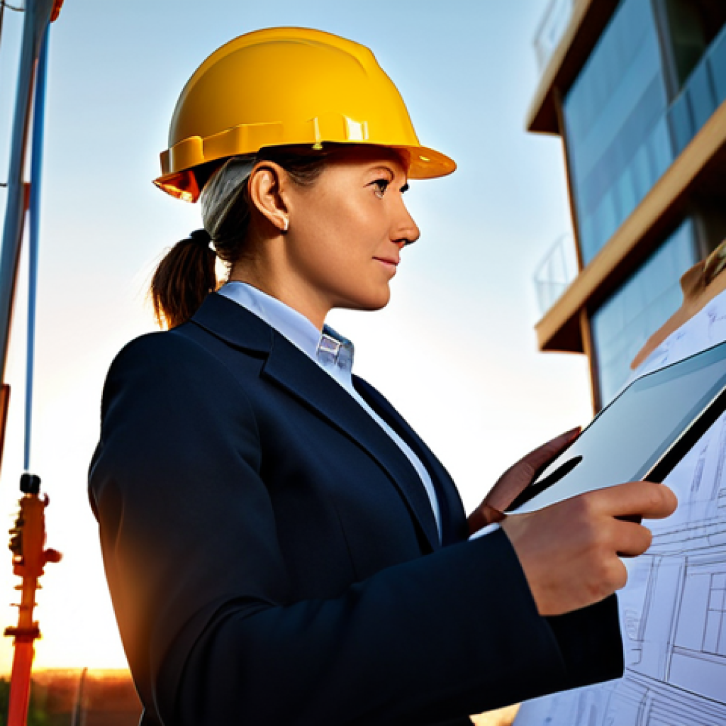 디지털 장인 문화에서의 혁신적인 제품 개발 - "A professional female architect in a modest, well-tailored business suit, reviewing blueprints on a...
