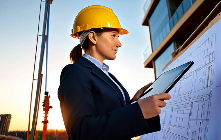 디지털 장인 문화에서의 혁신적인 제품 개발 - "A professional female architect in a modest, well-tailored business suit, reviewing blueprints on a...