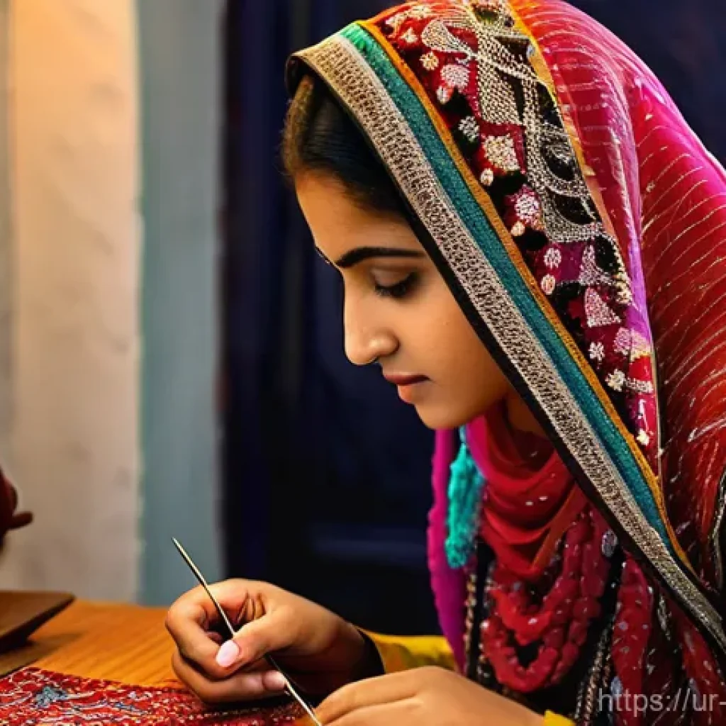 디지털 장인 문화의 경제적 영향 - **Prompt:** A detailed, vibrant image of a young Pakistani woman, dressed in modest, traditional att...