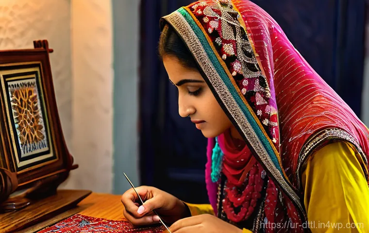 디지털 장인 문화의 경제적 영향 - **Prompt:** A detailed, vibrant image of a young Pakistani woman, dressed in modest, traditional att...