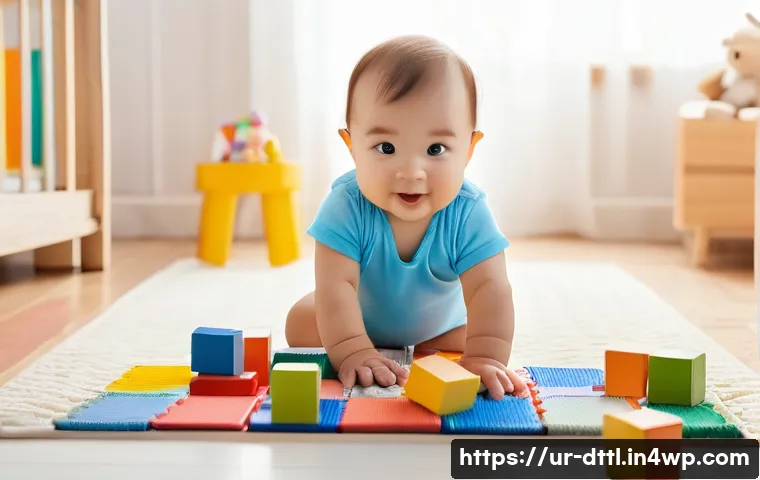 디지털 장인과 플랫폼 경제의 관계 - **Prompt:** A baby wearing a diaper and playing with colorful building blocks on a soft playmat. The...