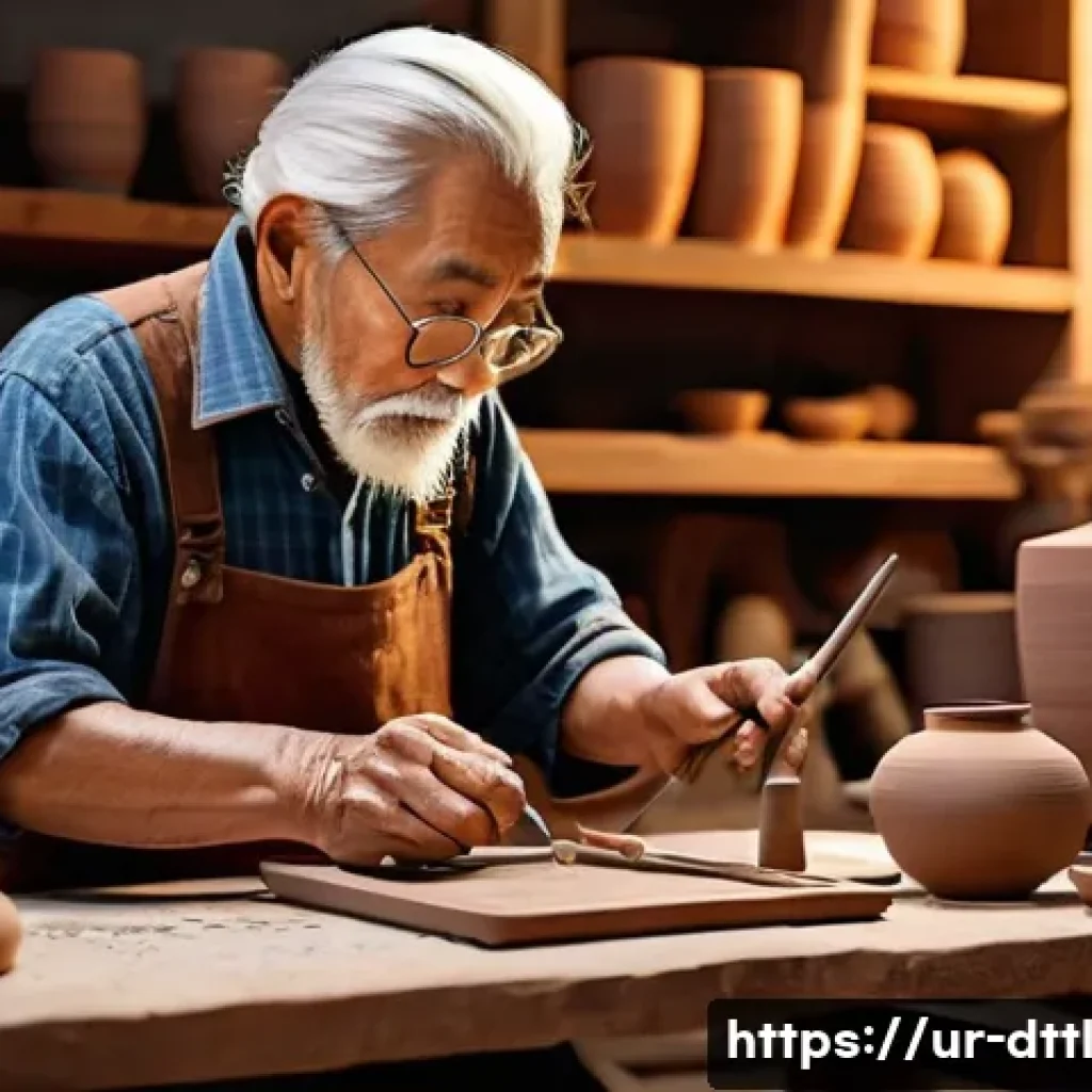 디지털 장인 문화에서의 영감 찾기 - **Prompt:** A weathered, wise elderly craftsman, with hands showing years of experience in tradition...