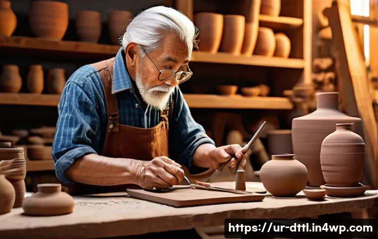 디지털 장인 문화에서의 영감 찾기 - **Prompt:** A weathered, wise elderly craftsman, with hands showing years of experience in tradition...