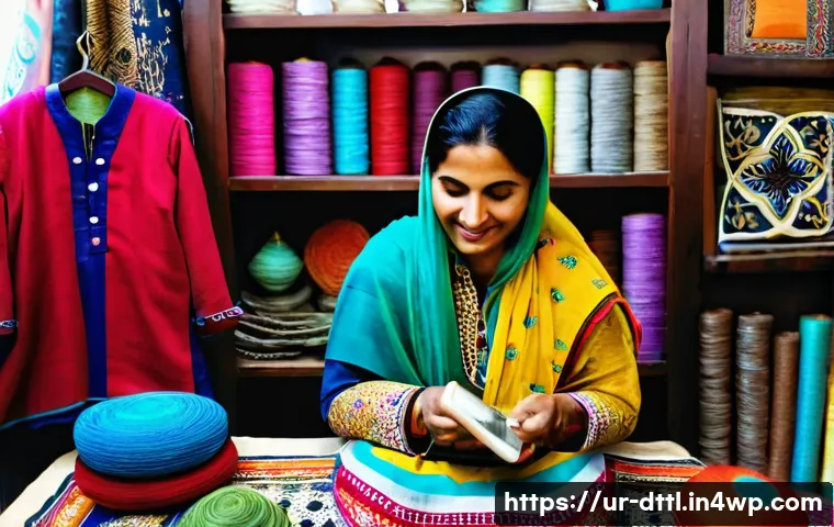 디지털 장인 문화의 사회적 가치 - **Prompt:** A Pakistani female artisan, "Asma Baji," in her late 40s, with a warm smile, is seated i...
