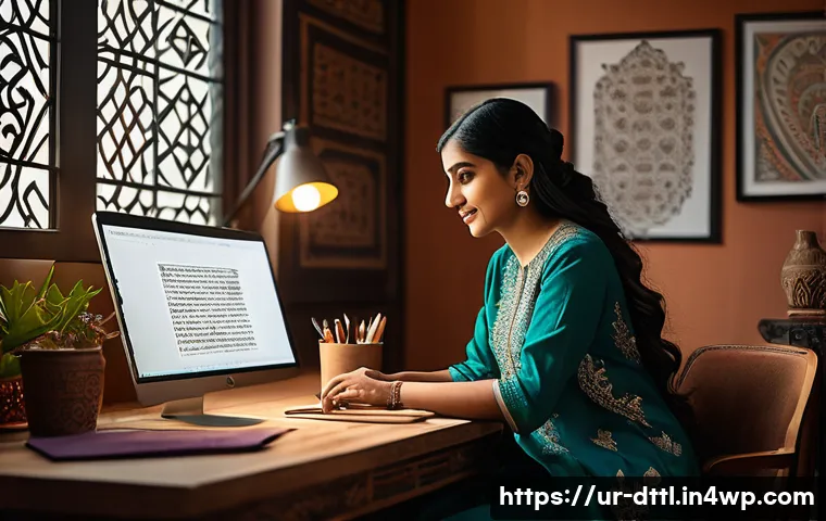 디지털 장인 문화의 변화하는 패러다임 - A modern digital creative workspace featuring a young South Asian woman wearing modest, professional...