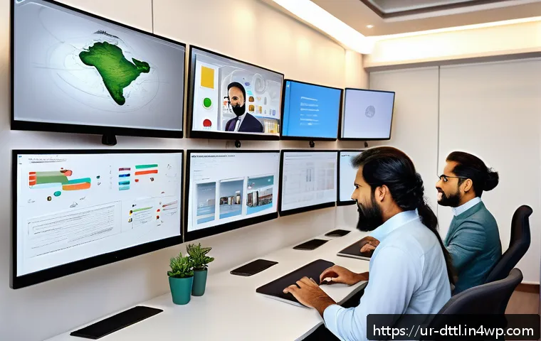 디지털 장인 문화에서의 창의적 문제 해결 - A diverse professional team engaged in a virtual brainstorming session using digital tools on multip...