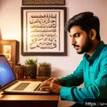 Home 21 디지털 장인 문화의 세계적 영향력 - A young South Asian man in traditional yet modern casual clothing, confidently working on a laptop i...