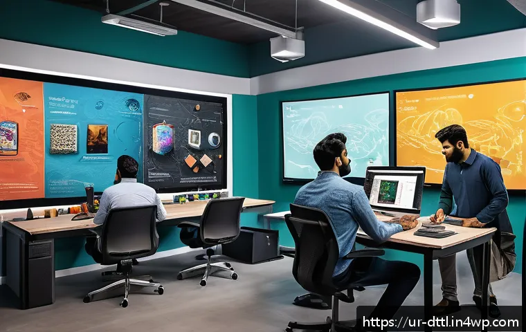 디지털 장인 문화의 비즈니스 성공 전략 - A vibrant digital art studio scene showcasing a diverse group of Pakistani digital artists collabora...