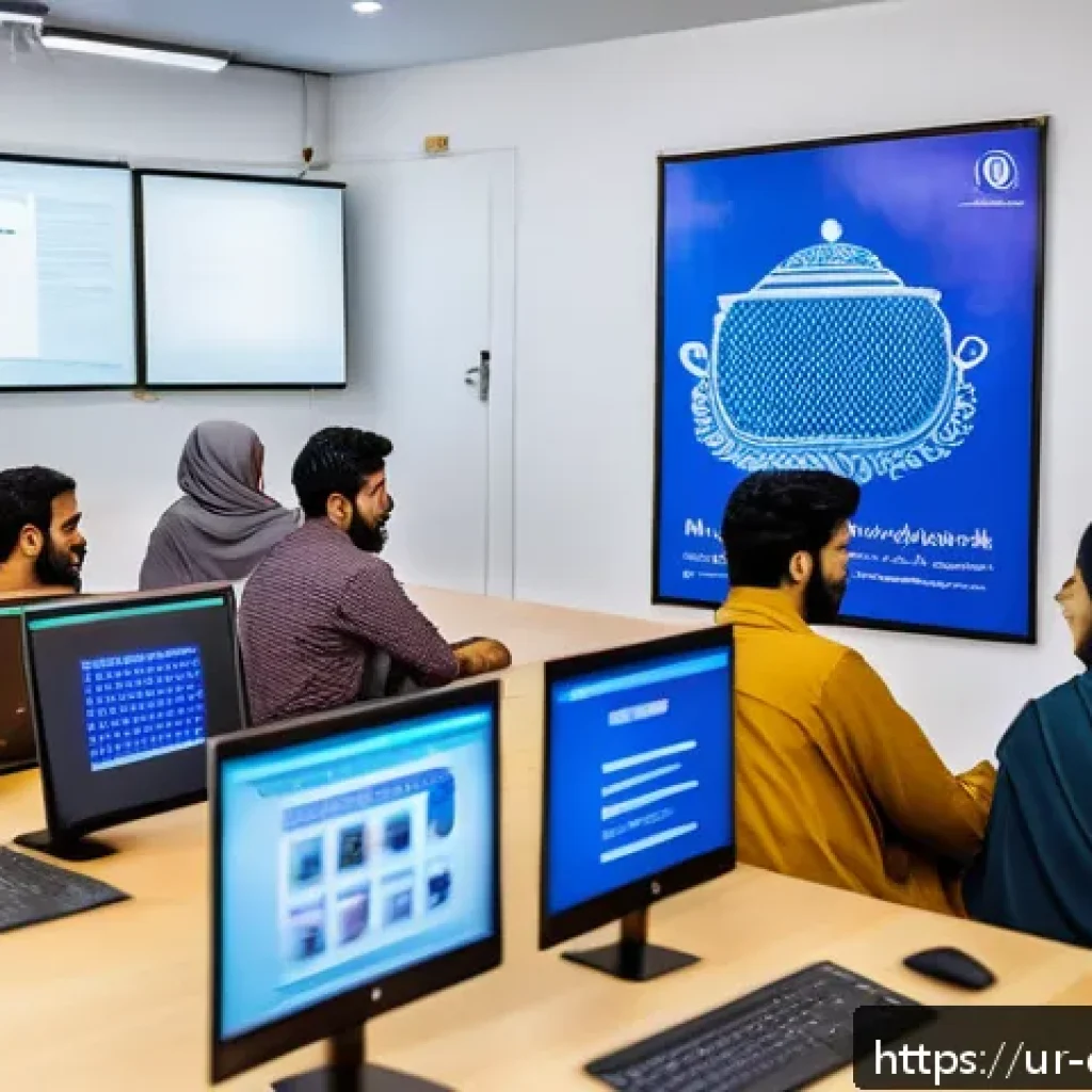 디지털 장인 문화의 지속 가능한 발전 전략 - A vibrant digital workshop scene set in a modern Pakistani co-working space, featuring diverse young...