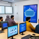 Home 18 디지털 장인 문화의 지속 가능한 발전 전략 - A vibrant digital workshop scene set in a modern Pakistani co-working space, featuring diverse young...