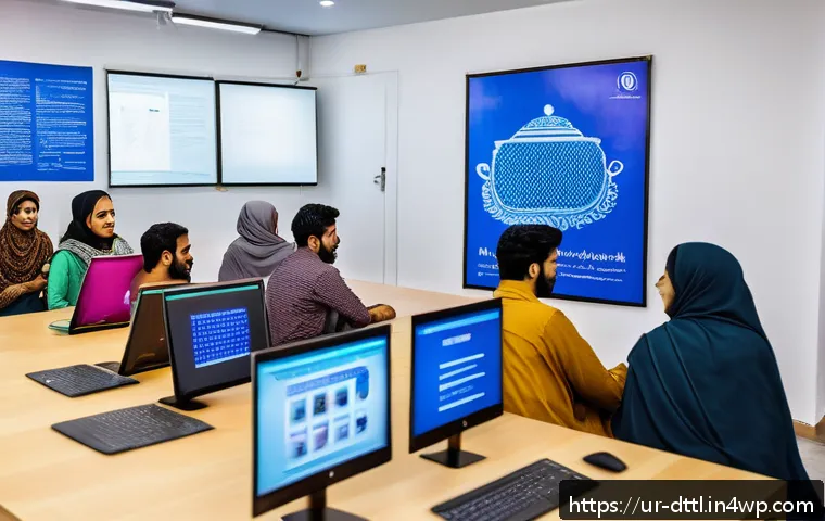 디지털 장인 문화의 지속 가능한 발전 전략 - A vibrant digital workshop scene set in a modern Pakistani co-working space, featuring diverse young...