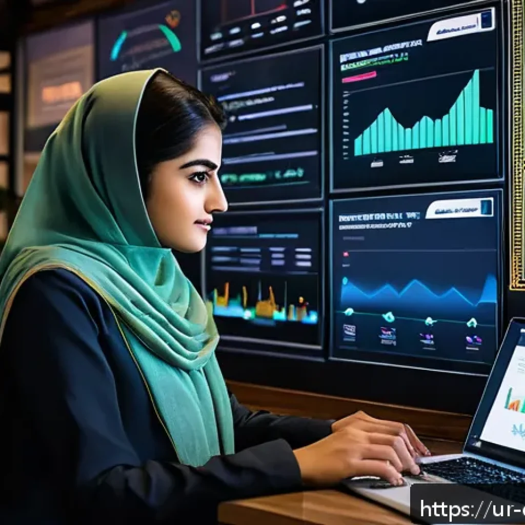 디지털 장인 문화와 시장 분석 - A modern Pakistani office scene showcasing a young professional woman in modest, stylish business at...
