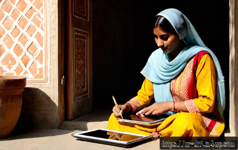 Home 17 디지털 장인 문화의 혁신 사례 - Photorealistic Pakistani digital artisan in a sunlit Lahore workshop, a skilled craftswoman wearing ...