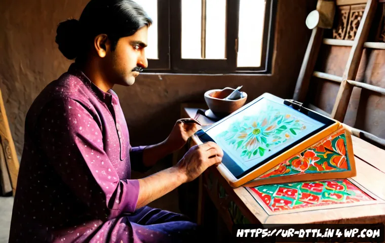 디지털 장인 문화와 전통 산업의 융합 - Photorealistic Pakistani artisan workshop, a skilled craftsperson using a digital drawing tablet bes...