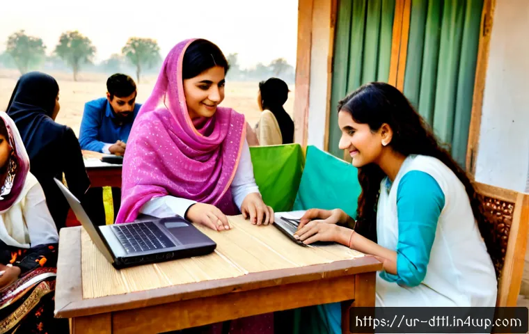 Home 17 디지털 장인 문화에서의 네트워킹의 중요성 - Photorealistic scene of Pakistani digital artisans networking at a warm community workshop in Lahore...
